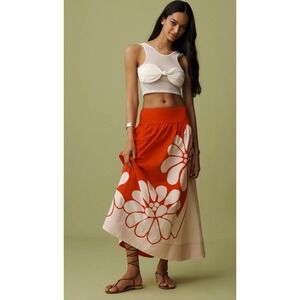 Farm Rio x Anthropologie Poplin Red Cream Floral Smocked Maxi Skirt XS